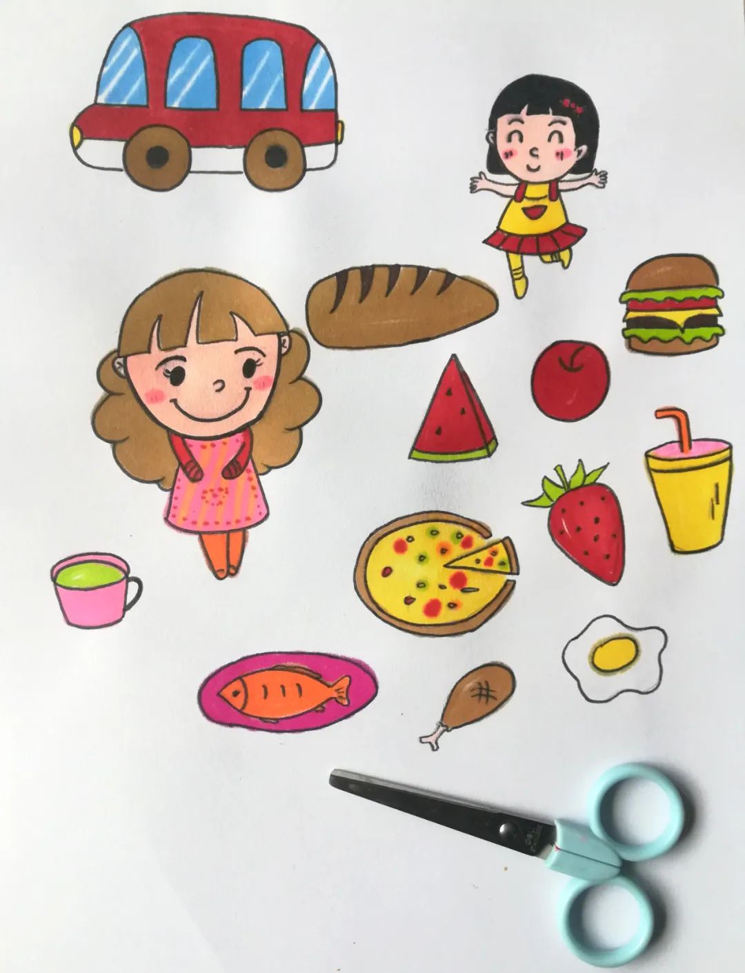 步骤5：给野餐食物涂上漂亮的颜色并用剪刀剪下来。