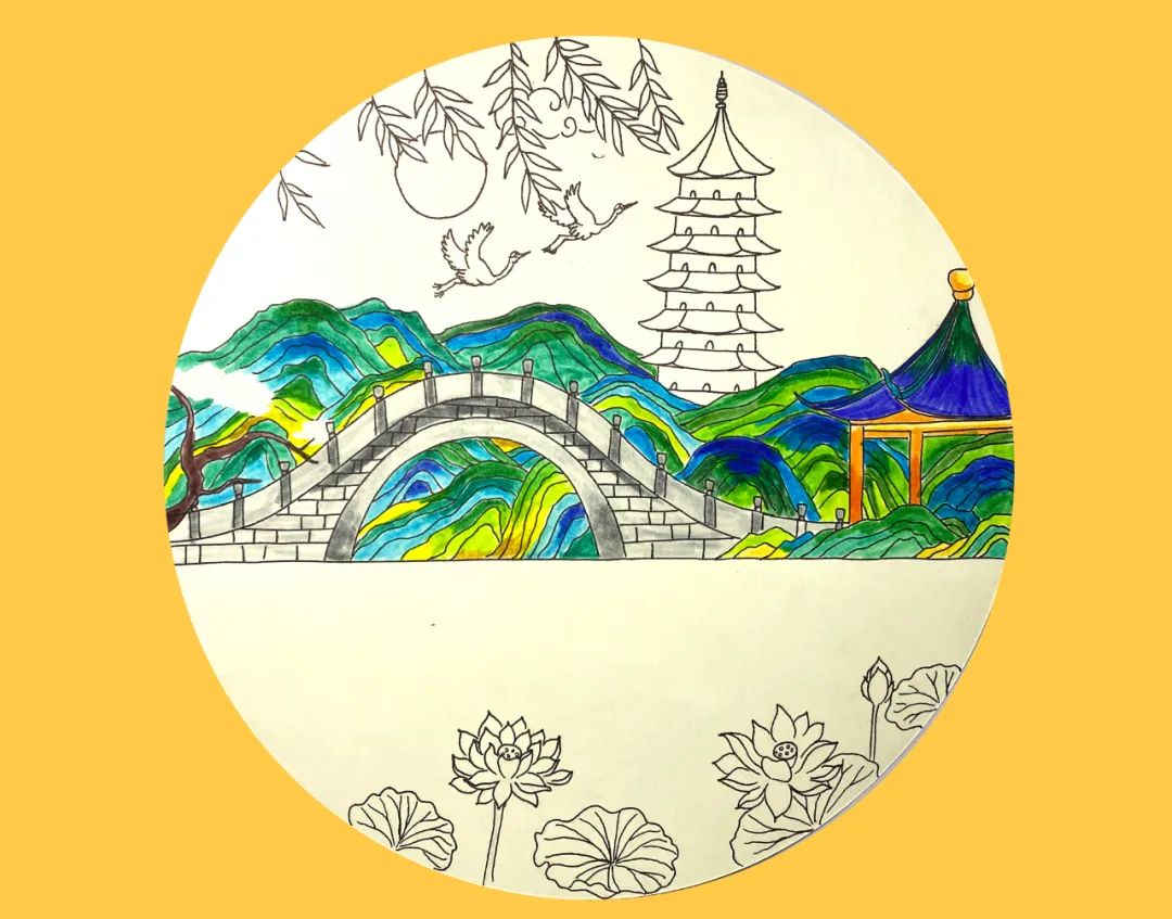 步骤6：开始上色，山峰主要是青绿色为主。