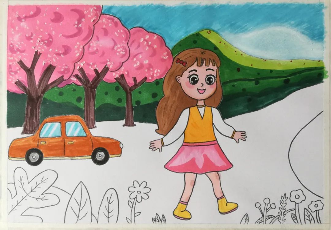 步骤5：给樱花树上色，先铺底色，然后勾阴影，点白点。