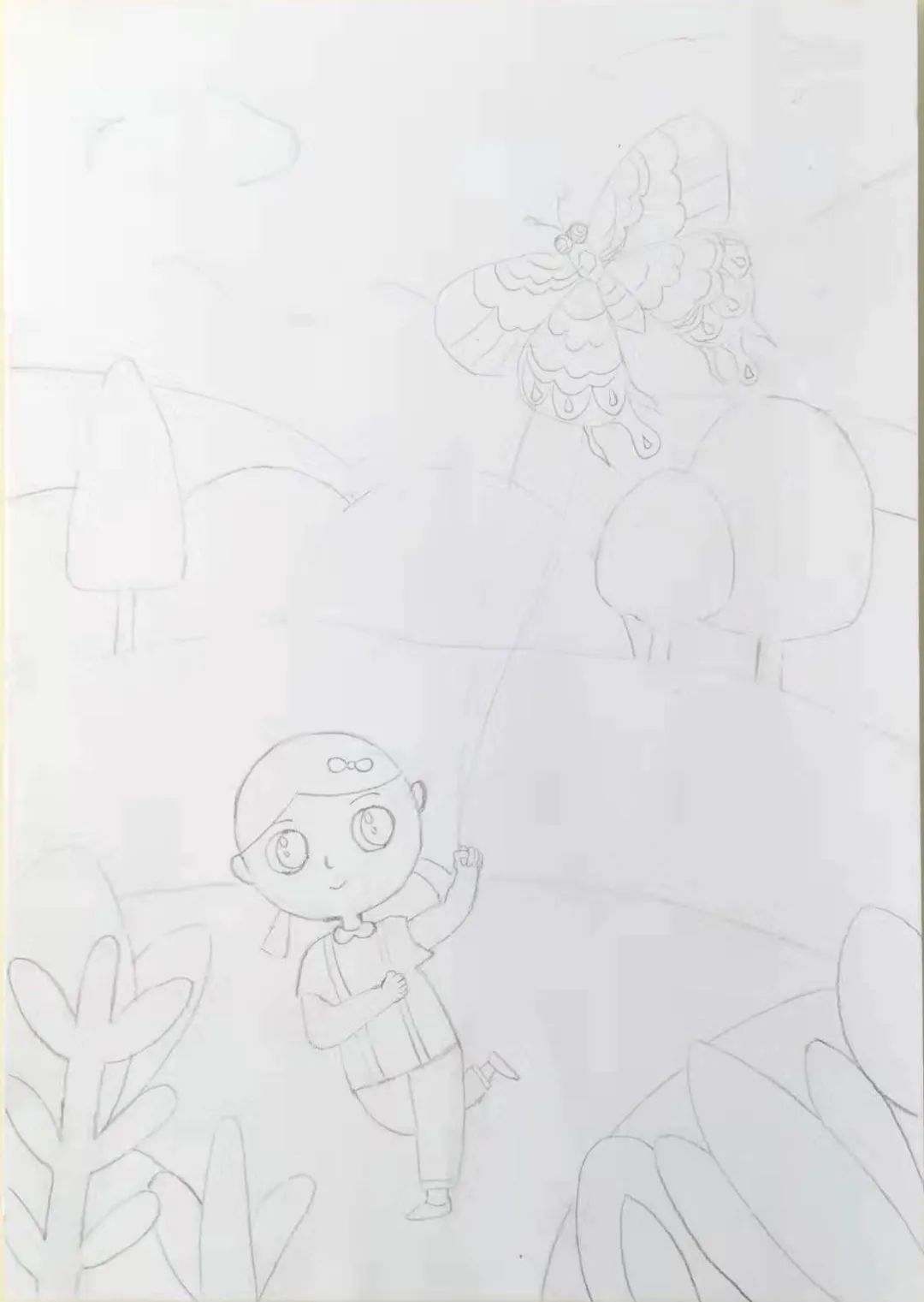 步骤2：在合适的位置画出放风筝的小女孩和蝴蝶风筝。