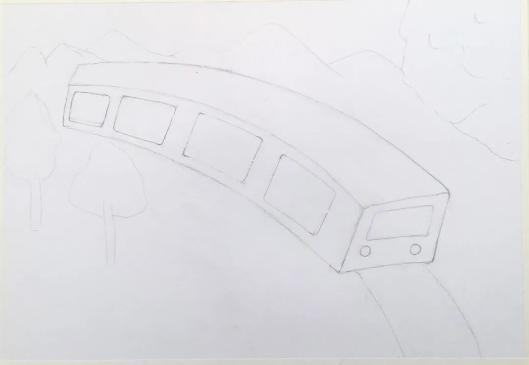 步骤2：继续画出山峰、树木、油菜花田、樱花树的轮廓。