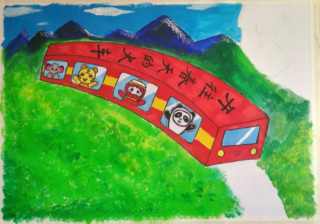 步骤7：继续用丙烯颜料画出高山和油菜花田的底色。