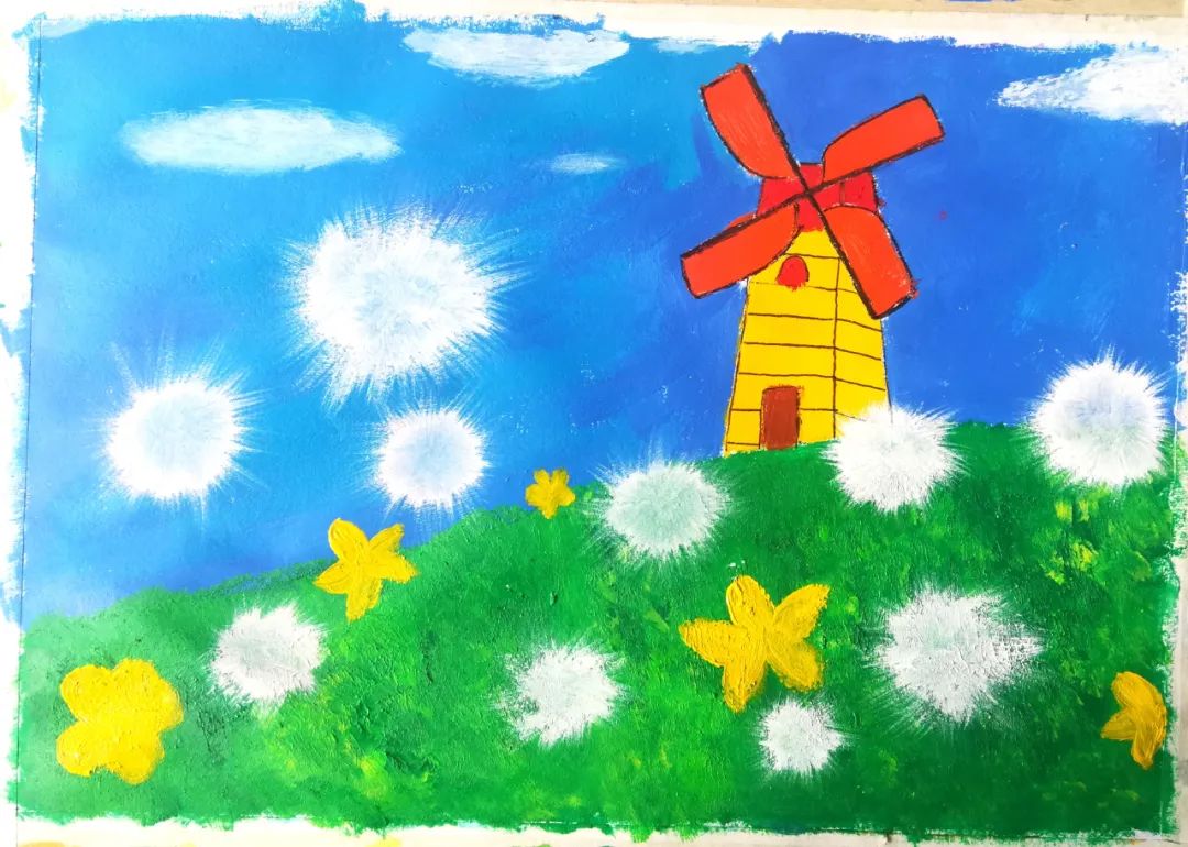 步骤4：在画面的合适位置画出大大小小的蒲公英，从中间向四周，勿蘸水，保持笔的干燥。