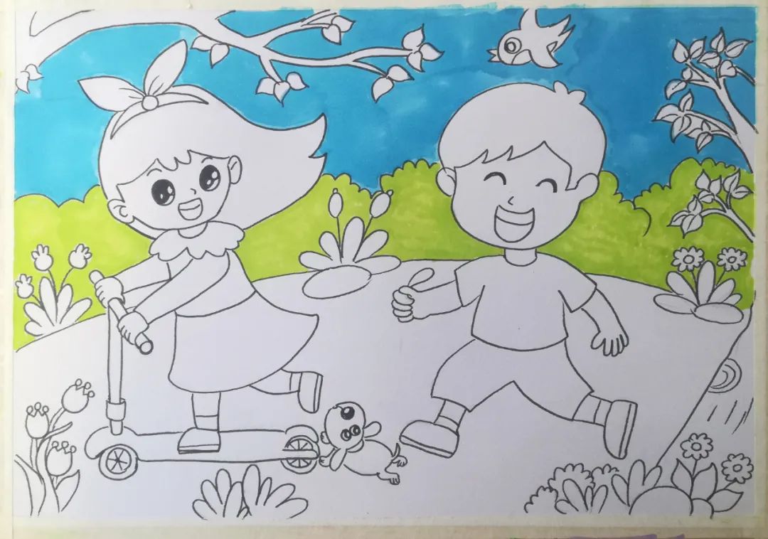 步骤3：树丛先上一层黄绿色。