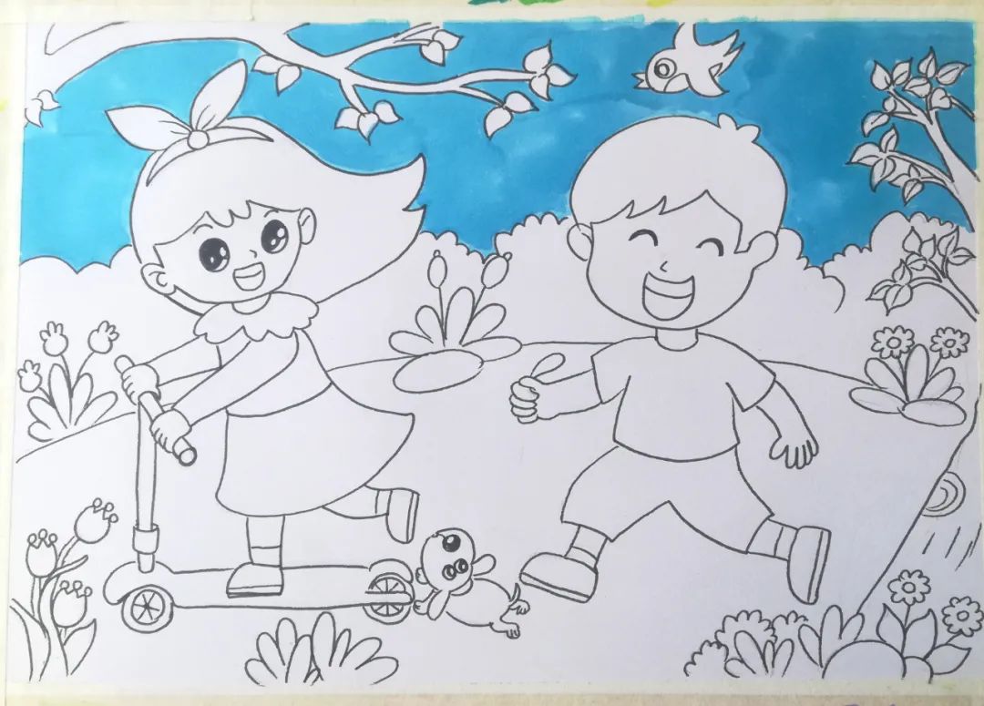 步骤2：上色，先给背景的天空上色，边缘处要细心点。