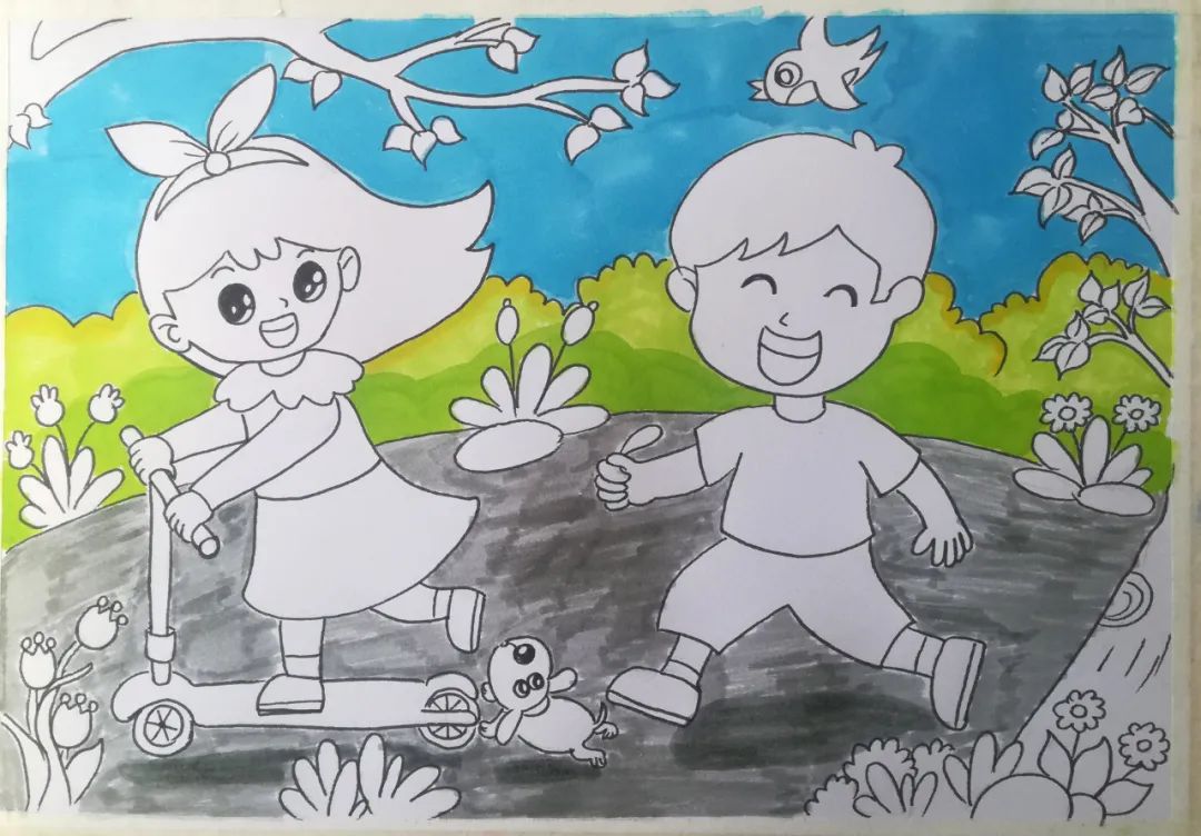 步骤5：继续给路面上色，人物下方加重颜色产生投影。