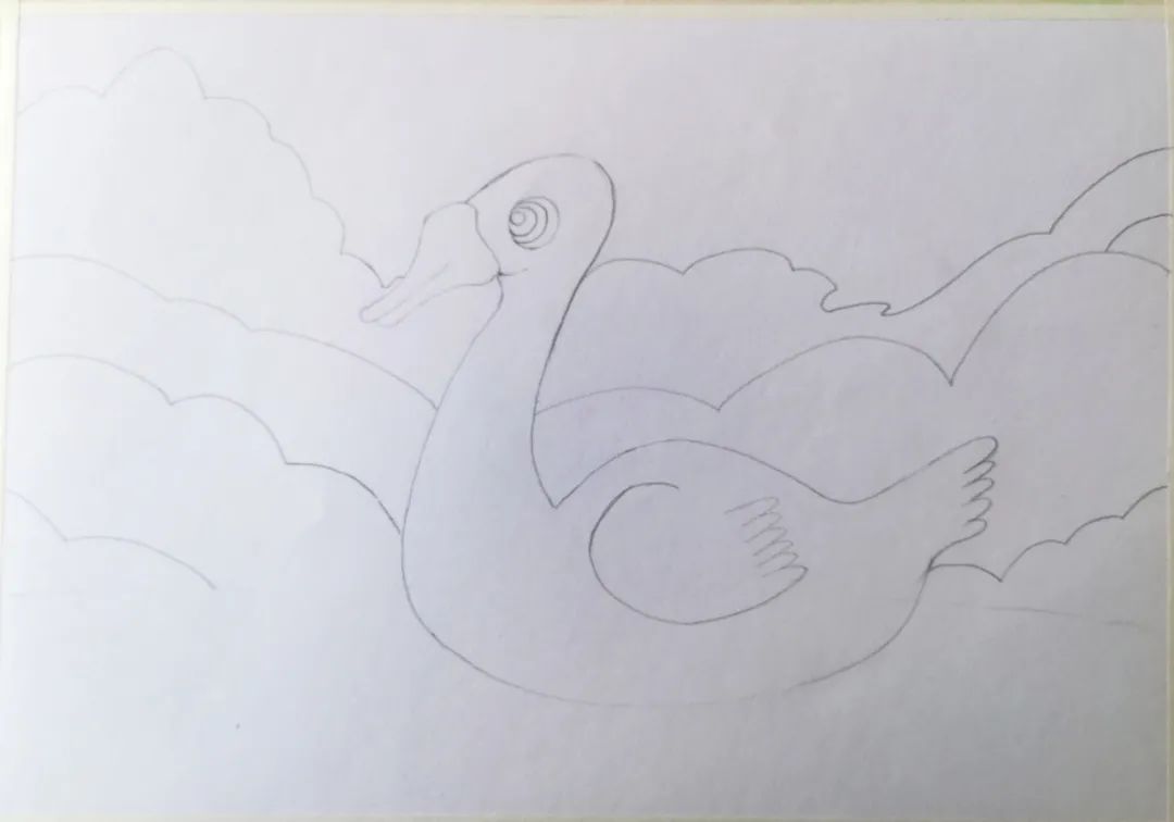 步骤2：在水平线处依次从下到上画出矮树丛、草地、高树丛的轮廓。