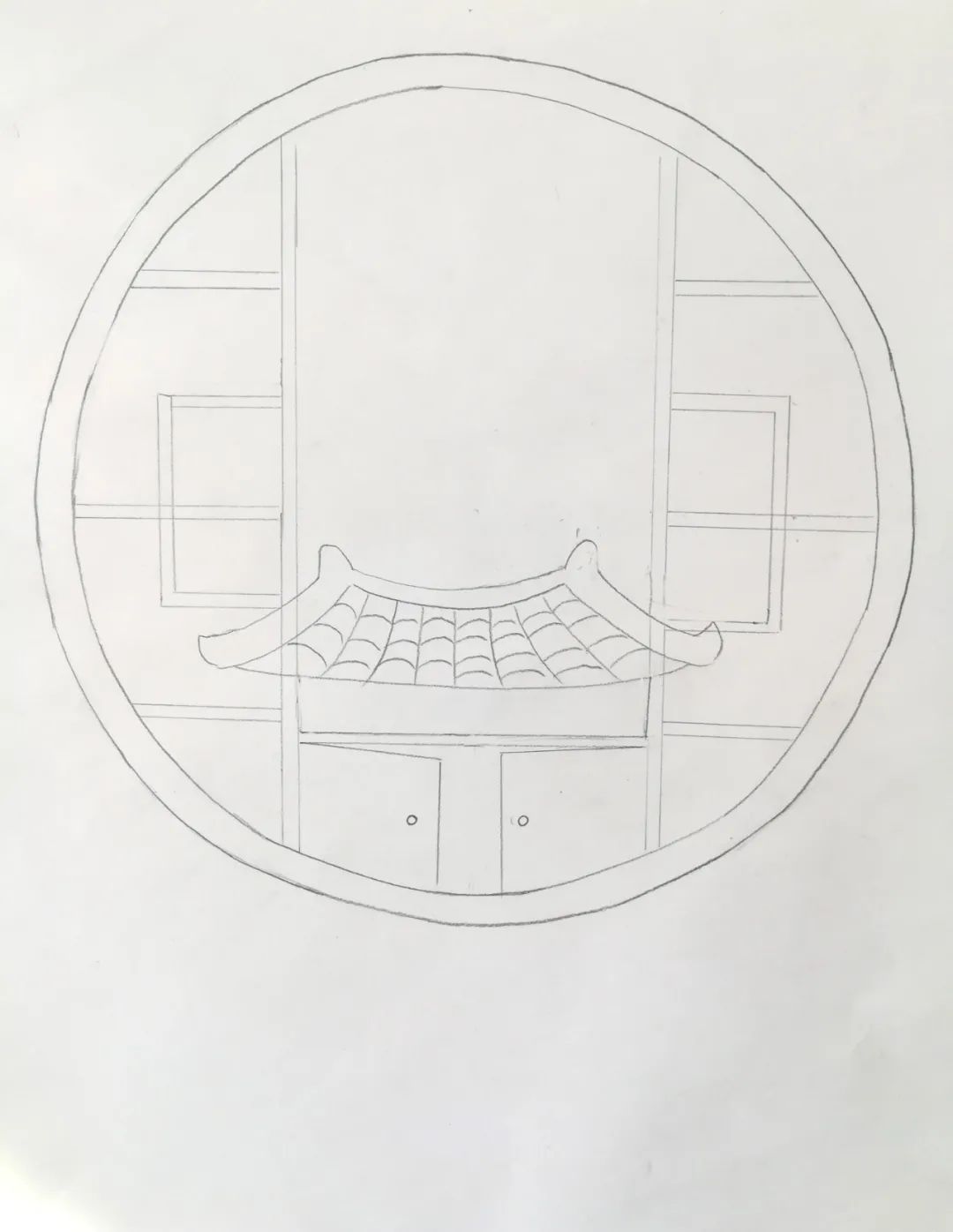 步骤2：在窗户内画出屋外的房屋的轮廓。