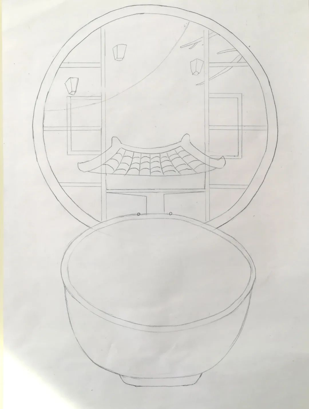 步骤4：在下方画出一个大大的碗，遮挡住窗户的少许部分。