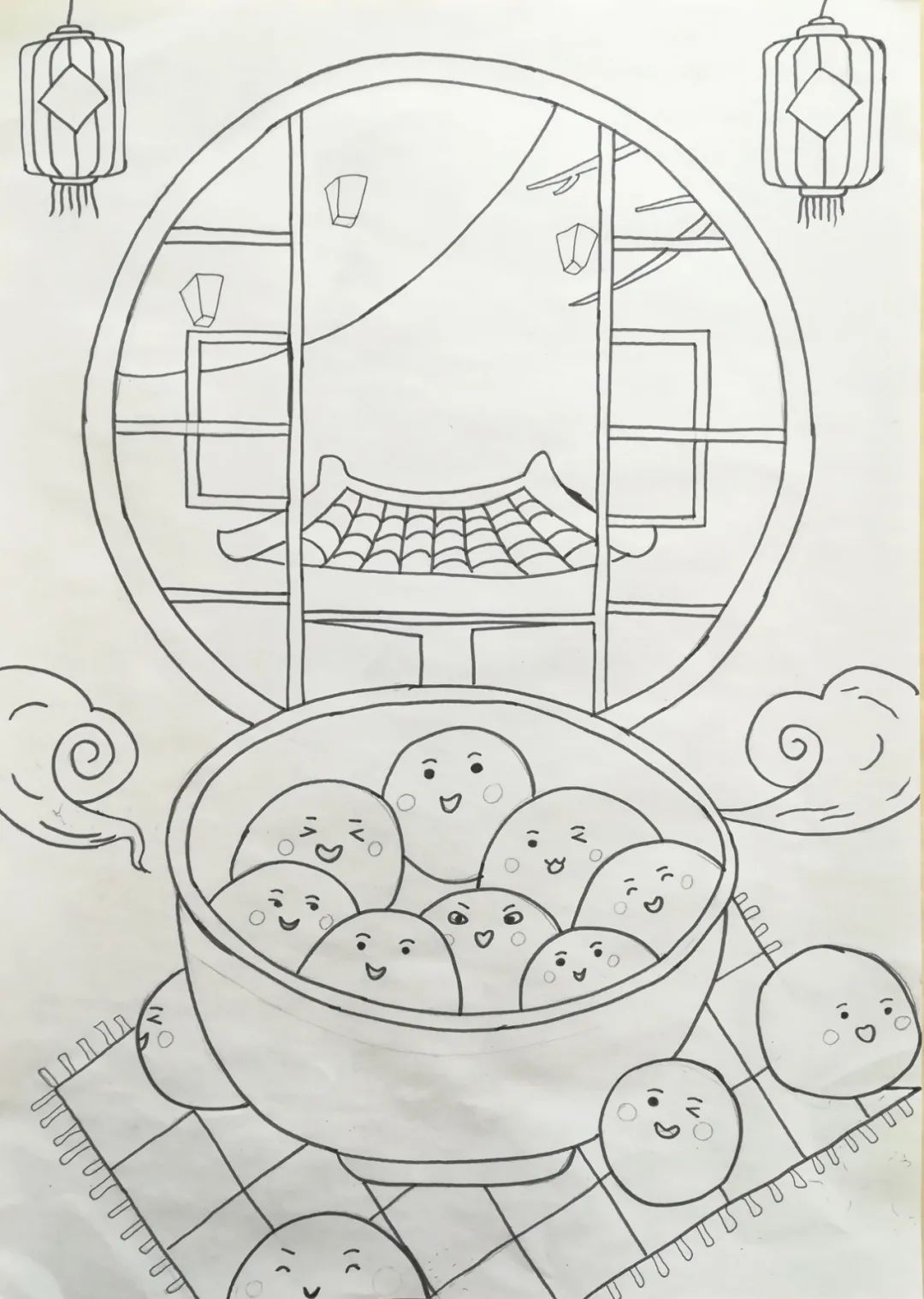 步骤9：擦淡线稿，然后勾线，勾线的时候注意遮挡关系。