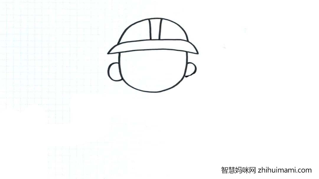 步骤1：我们先从人物的头部开始画起，  帽子是工人叔叔的特征之一，  我们先画出帽子，再画出脸型