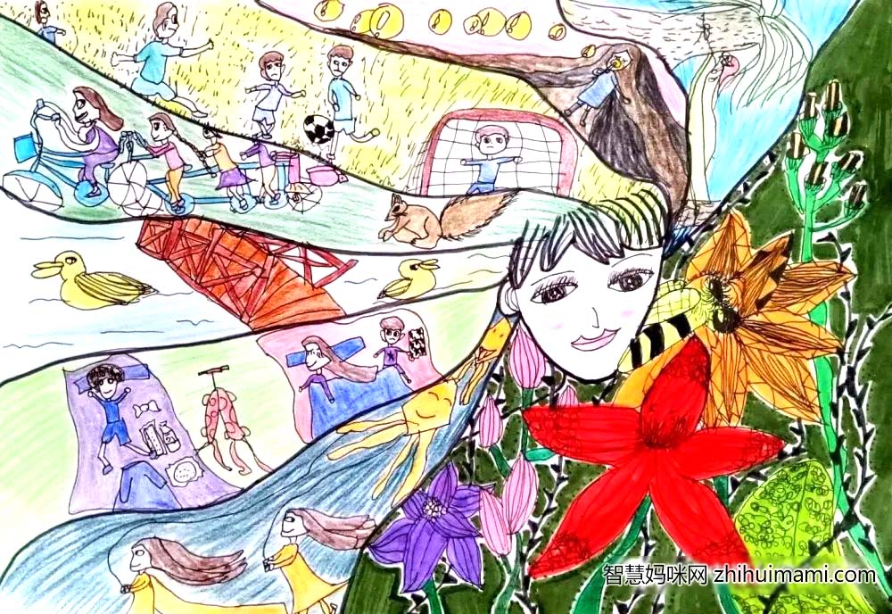 步骤4：丝丝丝，春姑娘来了。你瞧！她带着长长的“头发”，一步步走到了我们的身边。春姑娘来到花园里。有的花含苞待放，有的花娇艳欲滴，春风一吹，它们来回摇摆，随风送来阵阵的清香。孩子们也换上春装，相约来到野外，尽情享受春天的乐趣。