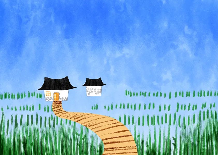 步骤2：第二步剪出两个小房子和牛皮纸的小路，并用绿色绘制油菜花的茎，注意远近的长短、疏密变化。