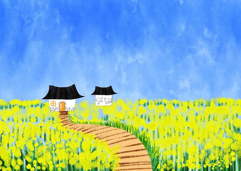 步骤3：接下来，我们用柠檬黄点绘出油菜花海的效果，不用拘泥于细节，但是牛皮纸小路两侧的油菜花处理要细致合理。