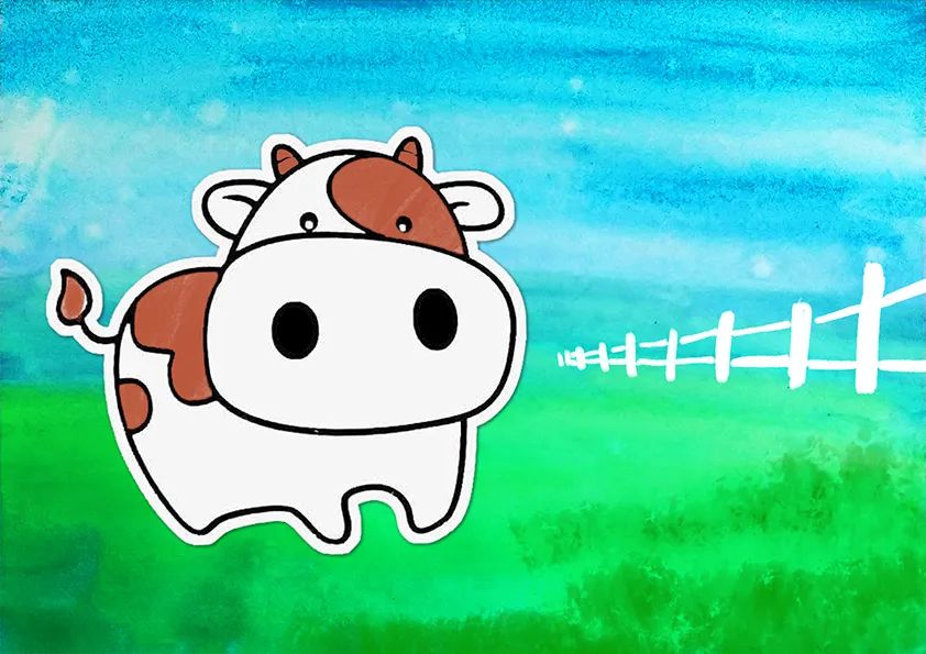 步骤4：我们给卡通奶牛上色后将其剪下，粘贴到水粉背景上。并在画面右侧绘制白色围栏，注意近大远小的规律，以体现画面的空间感。