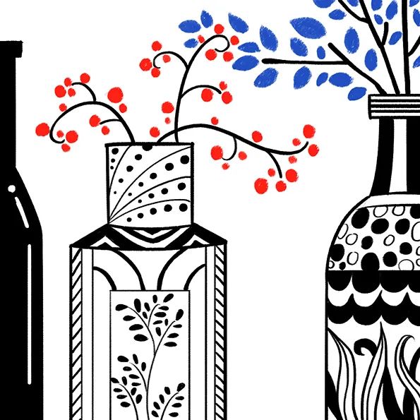 步骤3：花瓶线稿完成后，逐步添加瓶中的植物。