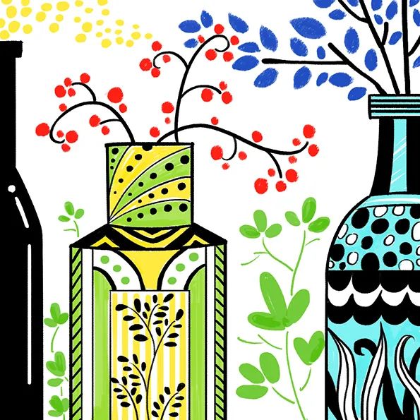 步骤4：继续补充瓶中以及背景植物，同时用马克笔对瓶身进行上色，使画面色彩更加丰富。