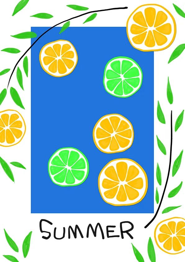 步骤3：在画面四周绘制叶子和柠檬切片等装饰元素，丰富画面。