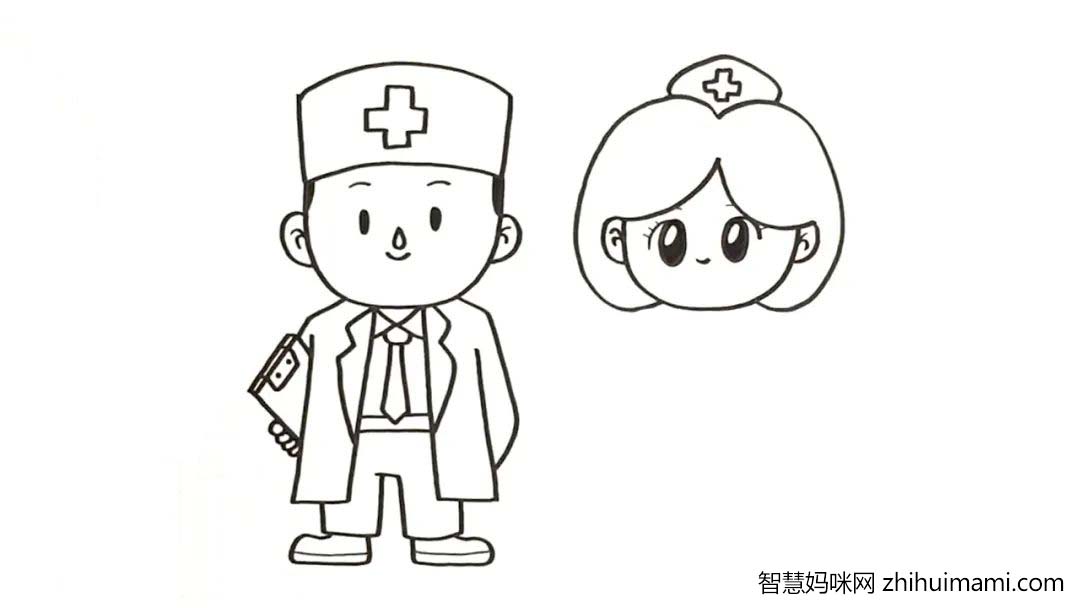 步骤4：画出护士的发型之后再画出帽子，  护士的帽子更小更精致一些