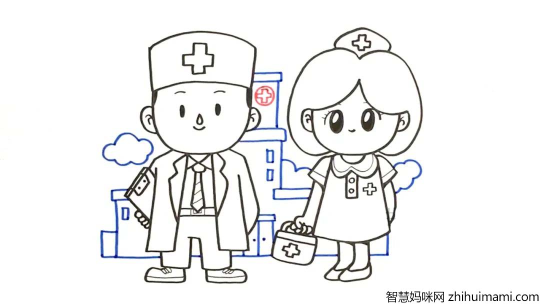 步骤5：完成两个人物造型之后，  我们用蓝色、红色水彩笔画出简单的医院背景