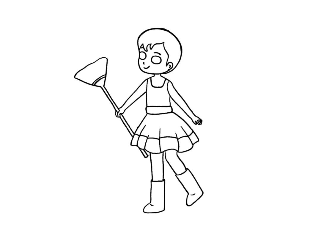 步骤1：先在纸中画出拿扫把的小女孩。