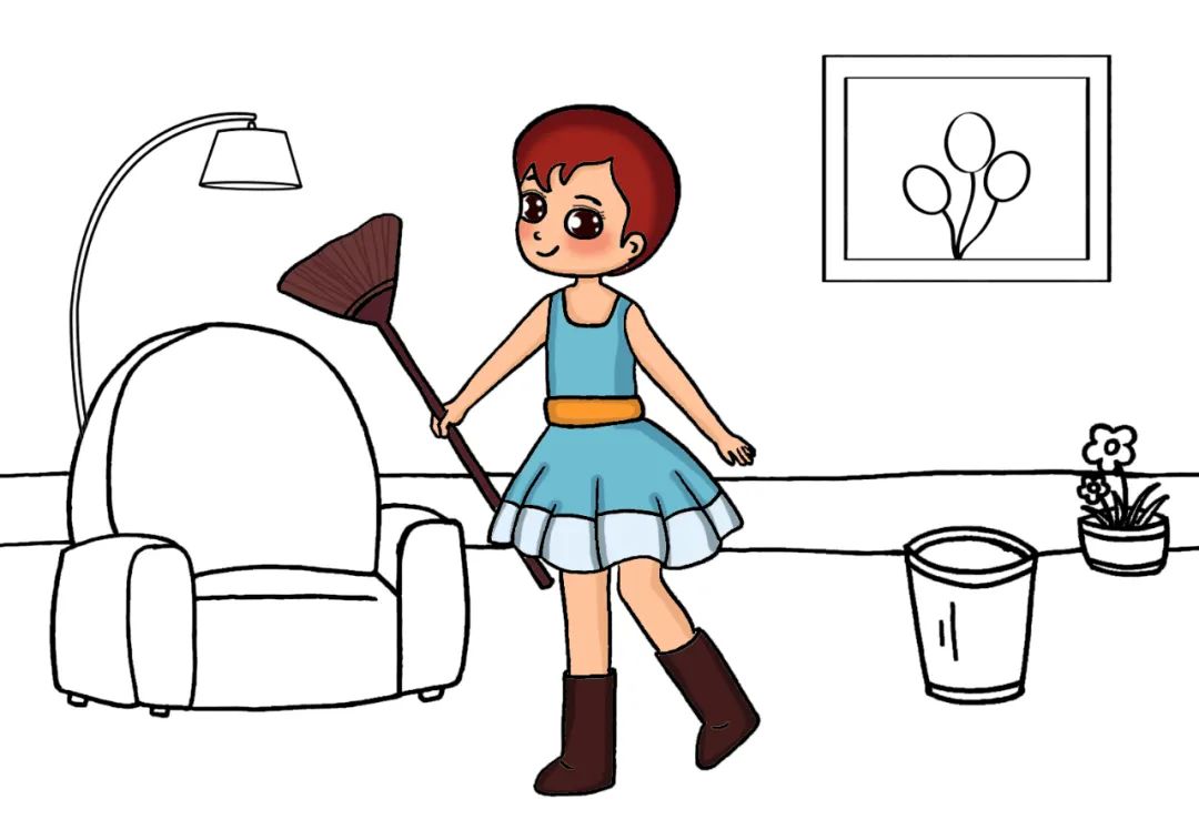 步骤3：先给劳动的小女孩上色