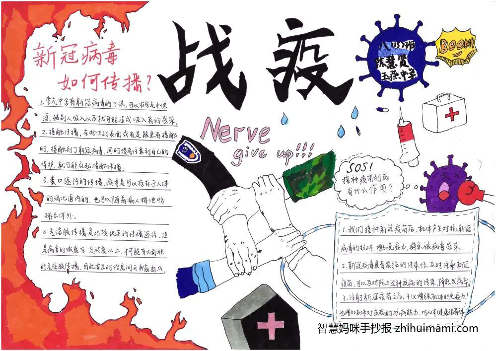 步骤2：创作感想：左边的火焰，表现出全国人民一同抗疫的信心与坚定。四只手，分别代表的是警察、军人、医生与人民，表现出全国人民的一同抗疫的团结。右边是防疫工具与被打倒的病毒，说明举国上下的力量无比强大。只要我们团结一心，众志成城，病毒再强大，我们也能击倒它。