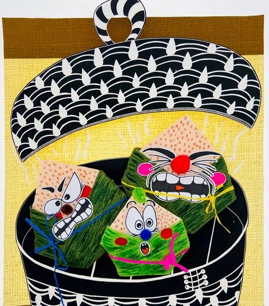 步骤4：用水彩笔画出米粒以及粽叶的纹理。用白色丙烯颜料画出热气。