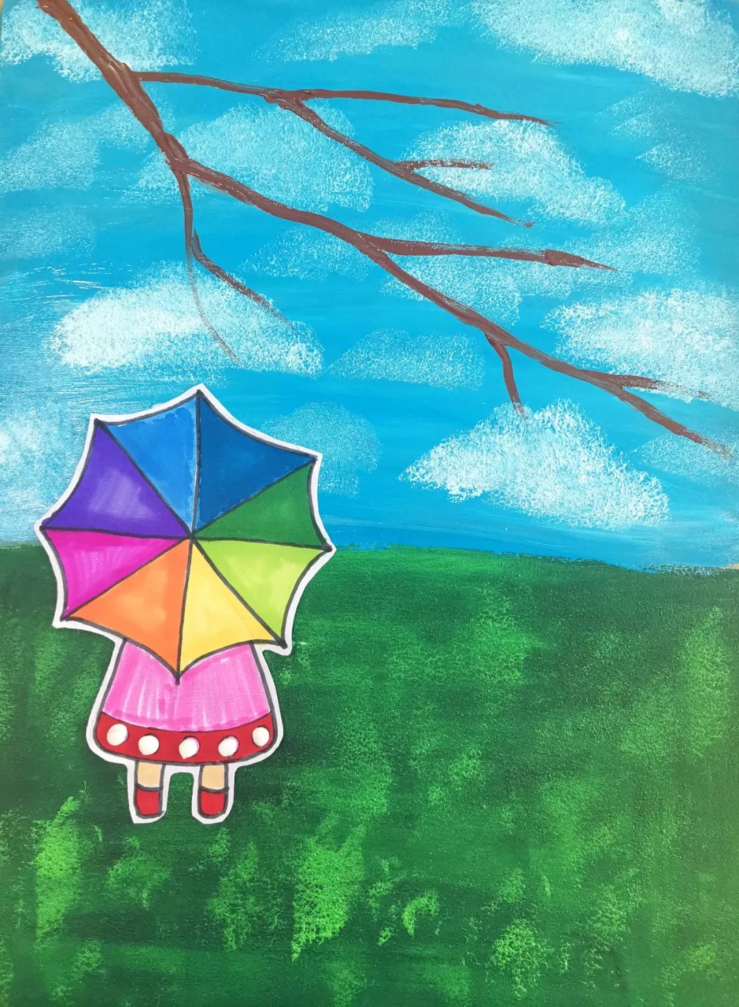 步骤4：在背景中画出伸展的树枝，并把打伞的小女孩粘贴在画面的左下角。