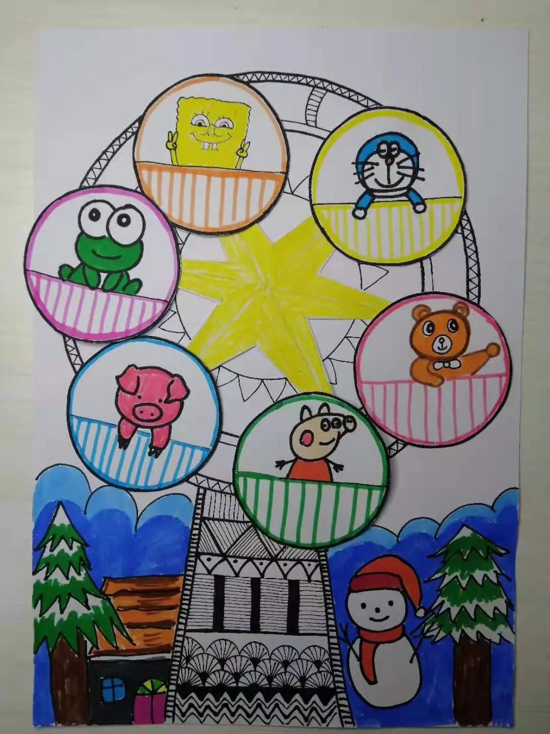 步骤6：将剪下来的小伙伴固定在摩天轮相应的位置上。