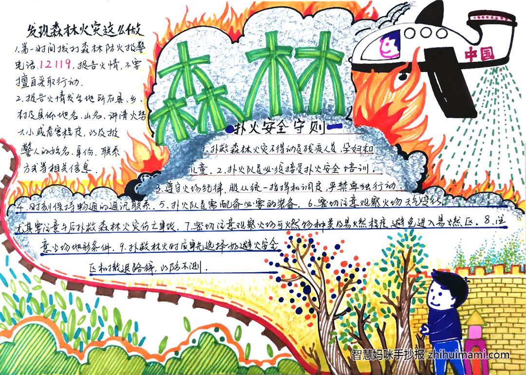 步骤3：《森林防火手抄报》扑火小常识、发生火灾怎么处理