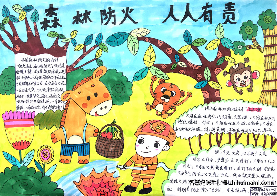 步骤1：林中无烟火，处处山清水秀，生态良好，鸟语花香，大地有森林，年年风调雨顺，五谷丰登，国泰民安！大自然是我们人类和动物共同的家园，我们要一起保护我们的家！森林防火，人人有责！