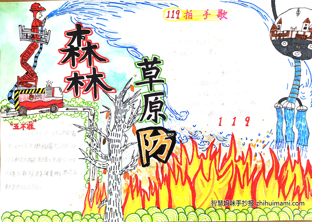 步骤5：“119”拍手歌，让我们清楚怎么预防火灾，如果遇到火灾应该怎么去做！自己设计的森林灭火机器人，代表我们坚信在以后，我们会有效的预防森林草原火灾和森林草原灭火！
