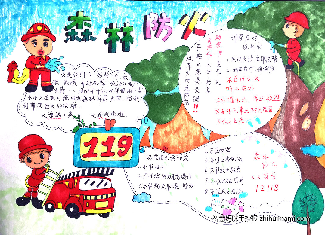 步骤4：防火责任重于泰山，每年因火灾造成的损失不可估量，森林防火，警钟长鸣！版面简单可爱，方便孩子识别，色彩鲜艳，比较吸引孩子目光，引起孩子关注，知道防火应该注意哪些事项。宣传森林防火知识，减少安全隐患！