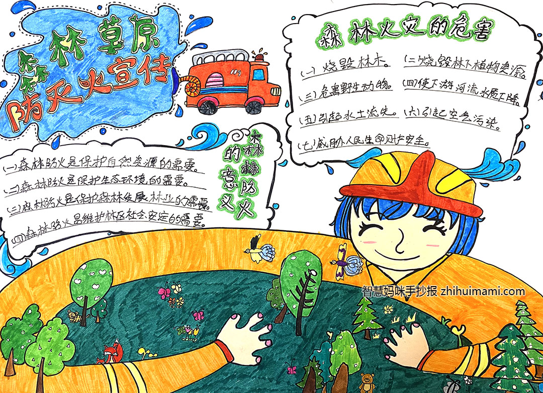 步骤2：作品分为森林防火的意义和森林火灾的危害两大板块，都强调了森林防火的重要性。画面中一个可爱的小女孩怀抱着一片森林，里面有各种各样的动、植物，意在表达森林防火是我们每一个人的事，森林防火不仅是守护森林中的各种生命，更是守护我们自己的家园。
