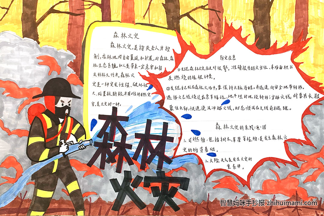 步骤3：熊熊烈火，浓烟滚滚，火灾来临时我们的消防员并没有因此而退缩。他们选择做了一名逆行者，保护我们的森林，有了他们才有了我们生活里的岁月静好。希望我们的消防战士永远安康。