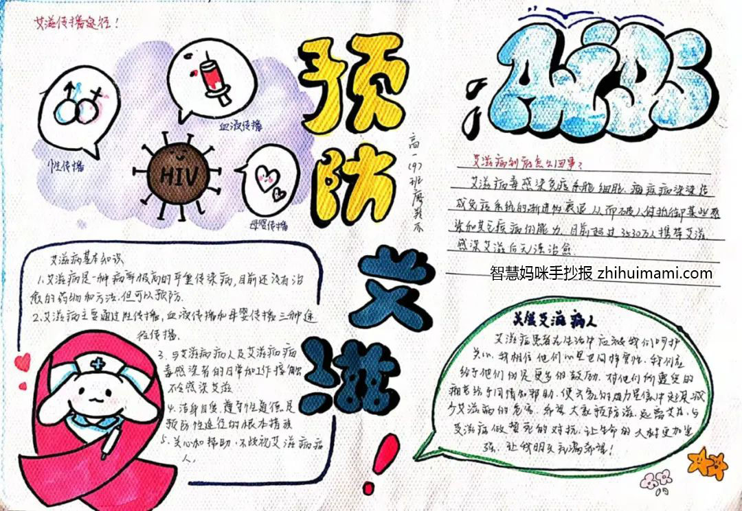 步骤5：创作说明：以“预防艾滋”为主题，右上为艾滋“AIDS”的缩写，左上的插图生动地说明了艾滋传播的三种途径，“红丝带”围绕着象征“陪伴”的小狗则在呼吁人们不要歧视艾滋病人，应多给予帮助，共同携手防艾抗艾。