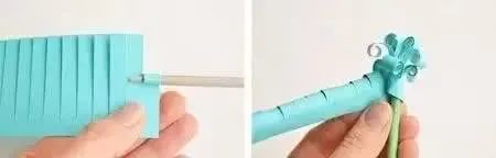 步骤1：将一张长方形的彩纸，沿着较长的一边等距离剪成梳齿状，然后用笔分别将每一个面条状的梳齿卷起来，类似于泡面卷。