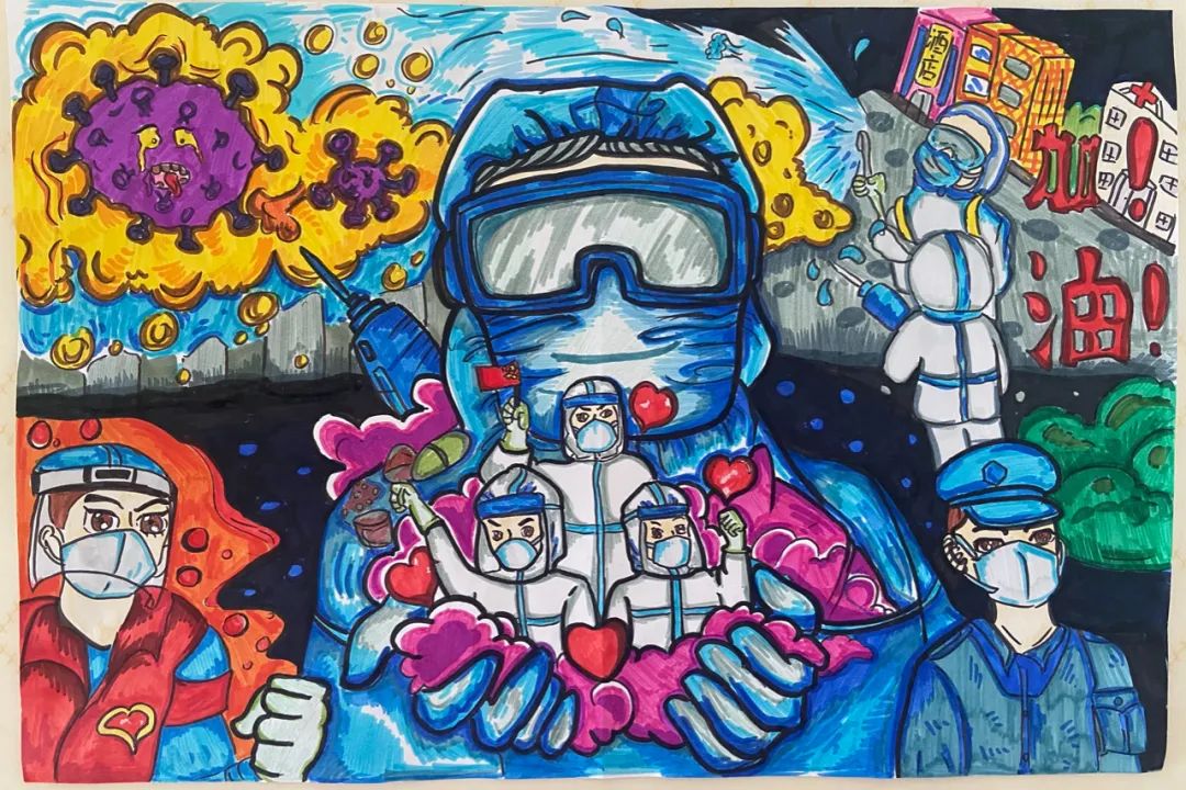 战疫必胜主题儿童画，致敬疫情前线最美逆行者