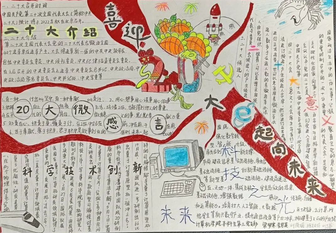 步骤3：我们以红色为主要的色彩基调，渲染了迎接二十大胜利召开的喜庆氛围。“二十”这个数字对我们来说意义重大，党的二十大是我们党进入全面建设社会主义现代化国家、向第二个百年奋斗目标进军新征程的重要时刻召开的一次十分重要的代表大会，是党和国家政治生活中的一件大事。我们在二十的创作中嵌入了许多科技元素，代表着科技与二十大紧密相连。高铁和电脑代表着国家的科技水平正在不断提高，人们的生活智能化，幸福感不断增强。其中的向日葵代表着新时代青年永远向阳生长，跟着党走。  手抄报的内容主要从二十大的背景意义和二十大微感言等方面出发，同时我们也结合了和自身专业相关的科技元素等有关内容，围绕科学技术创新和未来科技之光展开了论述。在党的二十大召开之际，我们以手抄报的形式来预祝党的二十大胜利召开，我们定会牢记党的使命，不负人民的期望，祖国的栽培。以青春之我，奋斗之我，为祖国建设发展添砖加瓦，以专业知识打造美好未来。
