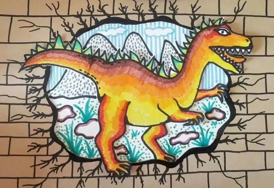 破墙而出的恐龙儿童画