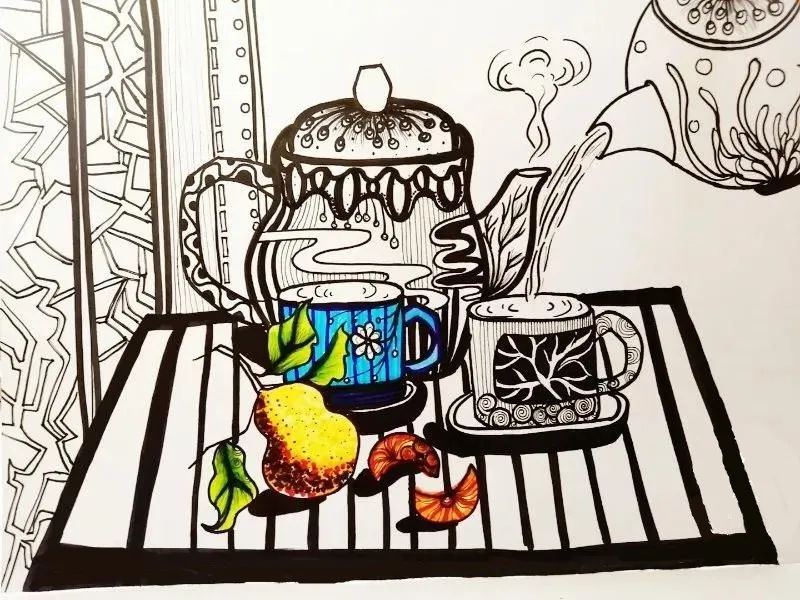 步骤5：给线描画涂上漂亮的颜色，用不同的色彩使线描画更具美感。