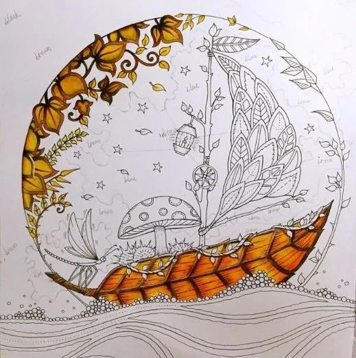 步骤3：给船体上色，叶脉要上色的时候注意高光，叶子用明亮一些的同等颜色。