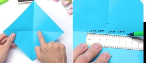 步骤1：将正方形的纸，对角折出痕迹。