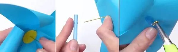 步骤5：用铜线弯一个“耳钉”从中心点穿过，另一端插在吸管上