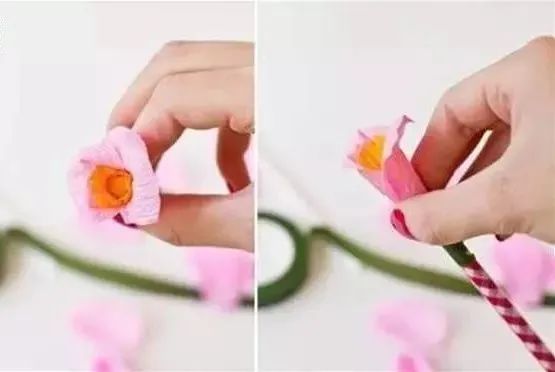 步骤3：将花瓣一个个依次包裹在铅笔顶端。