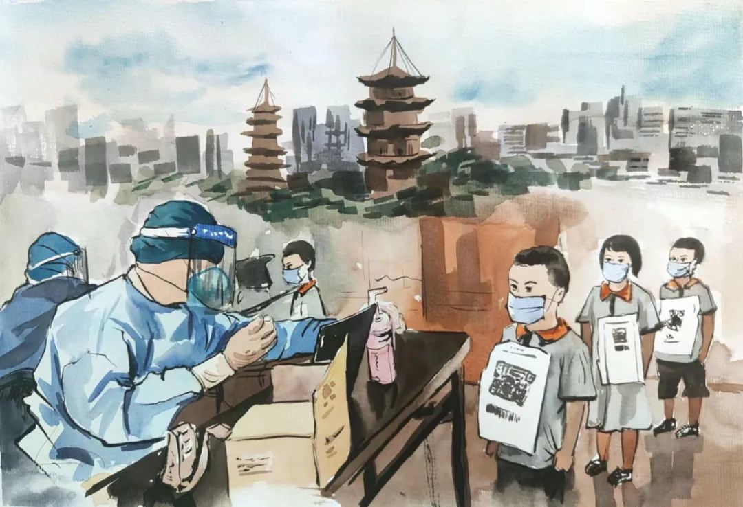 步骤1：《“泉”民抗疫》疫情之下，城市寂静，核酸检测成了每日必须，一米线的距离是保护他人与自己的重要距离，希望我们的城市能够尽快恢复原来的烟火气息。