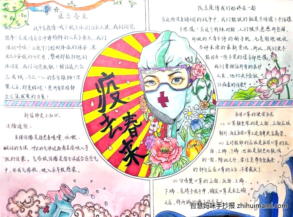 步骤2：《疫去春来》作品说明：面对疫情，医务人员、疾控工作者、媒体工作者都是勇敢的逆行者，他们或救死扶伤，或记录现场的勇士，是人民健康的守护者，是真相的探寻者，是不忘初心、牢记使命的践行者。他们就是疫情面前的最美中国人！这幅画就是以他们为形象，激励我们勇于担当破浪前行！