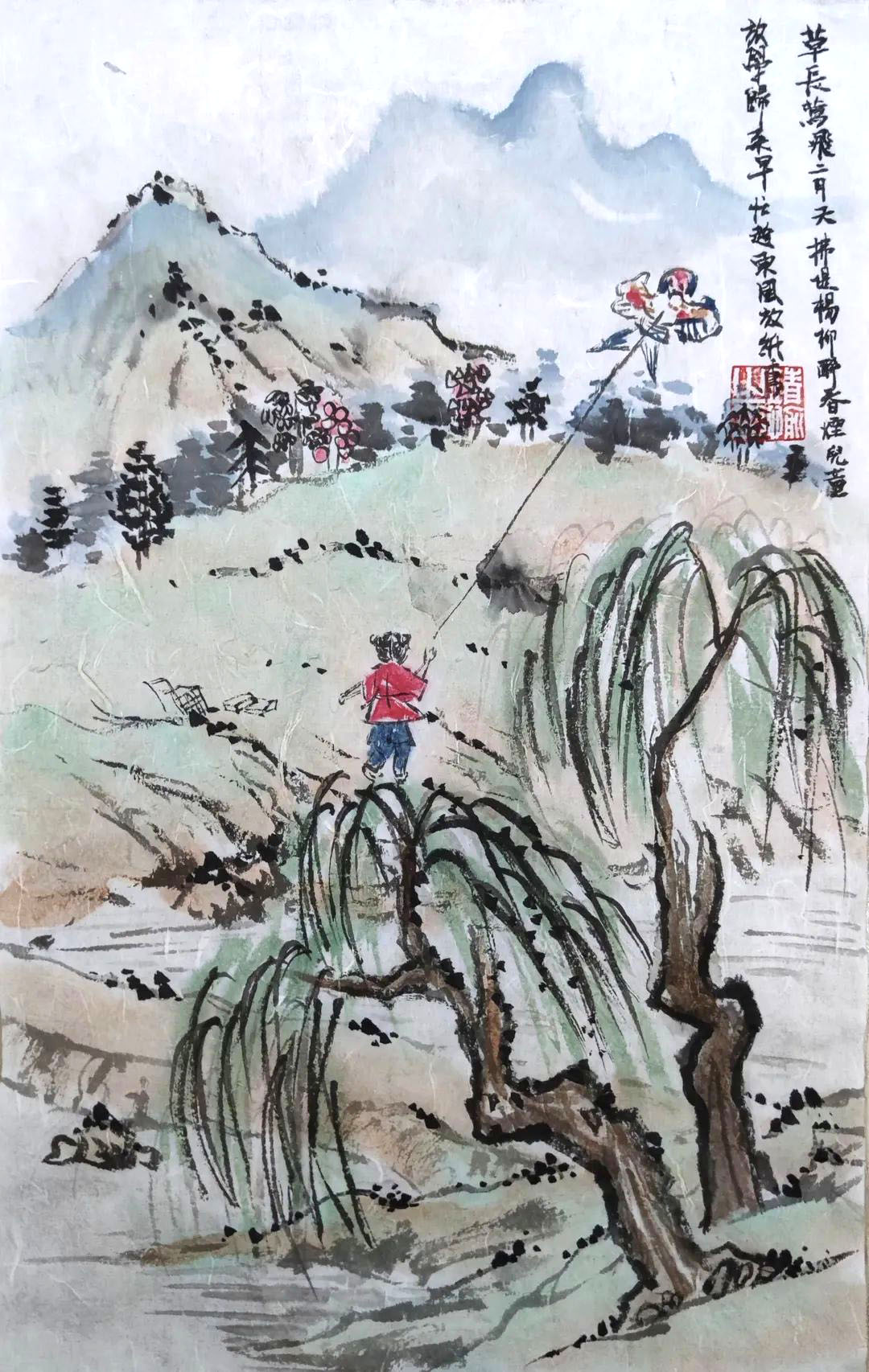 国画风格村居诗配画作品