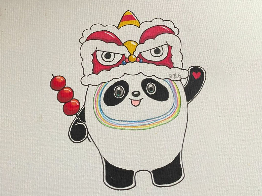 可爱冰墩墩戴舞狮帽可爱喜庆